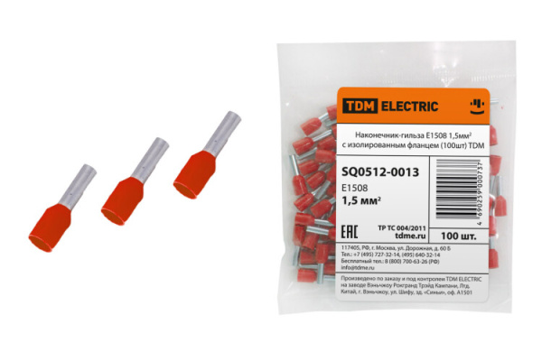 Наконечник-гильза Е1508 1,5мм2 с изолированным фланцем (100шт) | SQ0512-0013 | TDM