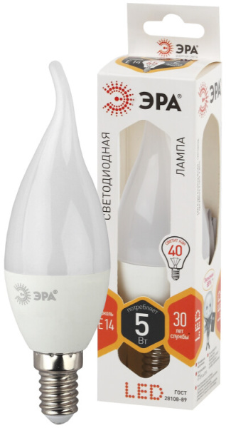 Лампа светодиодная LED BXS-5W-827-E14 ЭРА (диод, свеча на ветру, 5Вт, тепл, E14) | Б0027967 | ЭРА