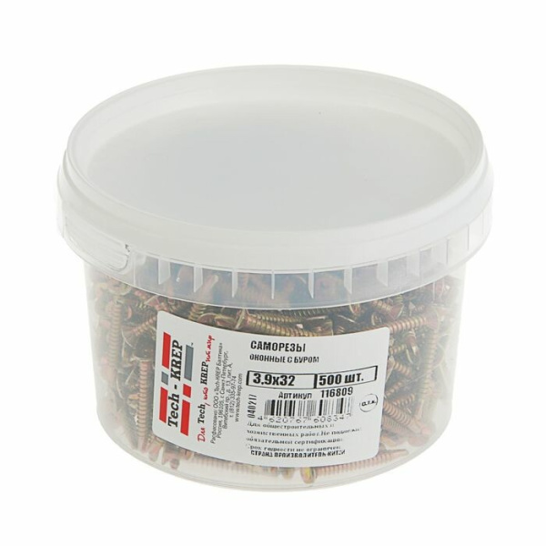 Саморезы оконные с буром 3,9х32 желтые (500 шт) - ведро мал ( 1,028 кг) | 116809 | Tech-KREP