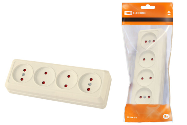 Розетка 4-х местная горизонтальная 2П открытой установки IP20 10A с з/ш сл. кость "Ладога" | SQ1801-0229 | TDM