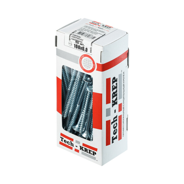 Саморезы универсальные 100х6,0 мм (50 шт) оцинкованные - коробка с окном ( 0,6 кг) | 102212 | Tech-KREP