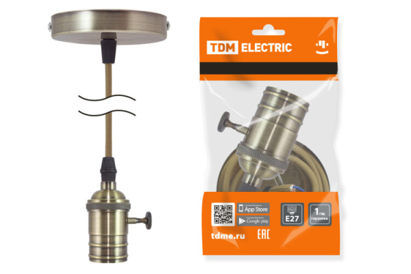 Патрон Е27 с выключателем с подвесом 1 м, металлический "Лофт", бронза | SQ0335-0074 | TDM