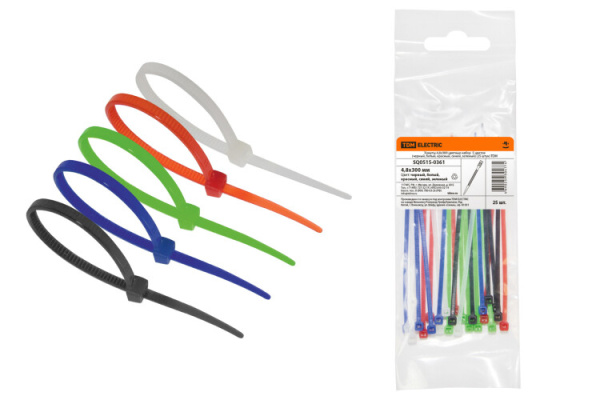 Хомуты 4,8х300 цветные набор 5 цветов (черный, белый, красный, синий, зеленый) (25 штук) | SQ0515-0361 | TDM