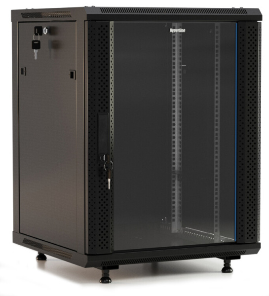 TWB-FC-1845-GP-RAL9004 Шкаф настенный 19-дюймовый (19"), 18U, 920x600х450мм, стеклянная дверь с перфорацией по бокам, цвет черн.| 395558 | Hyperline
