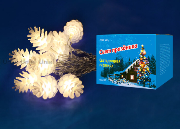 Гирлянда светодиодная «Шишки» ULD-S0280-020/DTA WARM WHITE IP20 PINE CONES 20 диодов, 2,8 м, теплый белый, IP20, шнур прозр.. | 09582 | Uniel