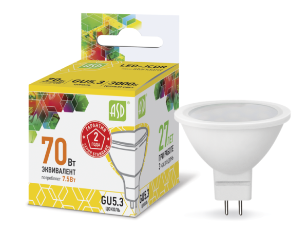 Лампа светодиодная LED-JCDR-standard 7.5Вт 230В GU5.3 3000К 675Лм | 4690612002286 | ASD