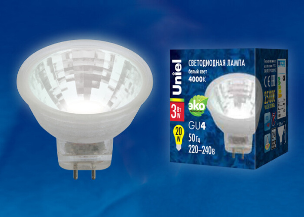 Лампа светодиодная LED-MR11-3W/NW/GU4/220V GLZ21TR LED, 220V. прозр 4000K | UL-00001703 | Uniel