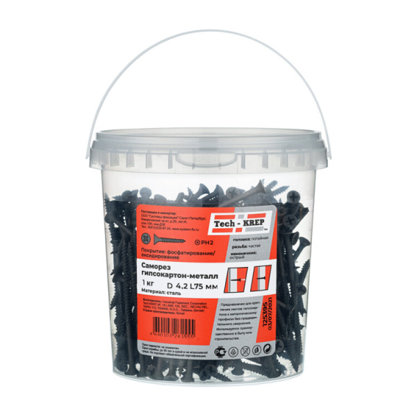 Саморез ШСГМ 4,2х75 частая резьба (1кг) - ведро | 125395 | Tech-KREP