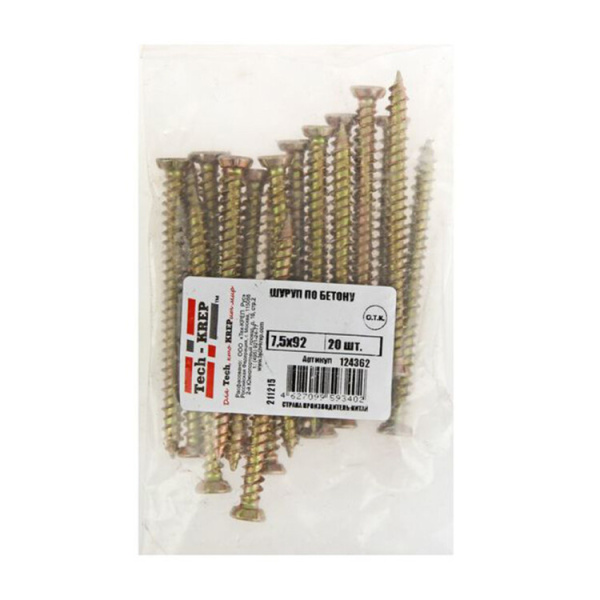 Шуруп по бетону 7,5x92 (20 шт) - пакет ( 0,332 кг) | 124362 | Tech-KREP