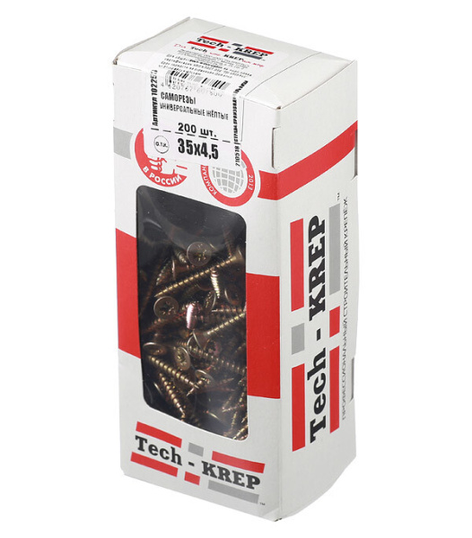 Саморезы универсальные 35х4,5 мм (200 шт) желтые - коробка с окном ( 0,519 кг) | 102253 | Tech-KREP