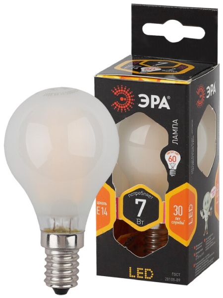 Лампа светодиодная F-LED P45-7W-827-E14 frost Лампы СВЕТОДИОДНЫЕ F-LED ЭРА (филамент, шар мат., 7Вт, тепл, E14) | Б0027956 | ЭРА