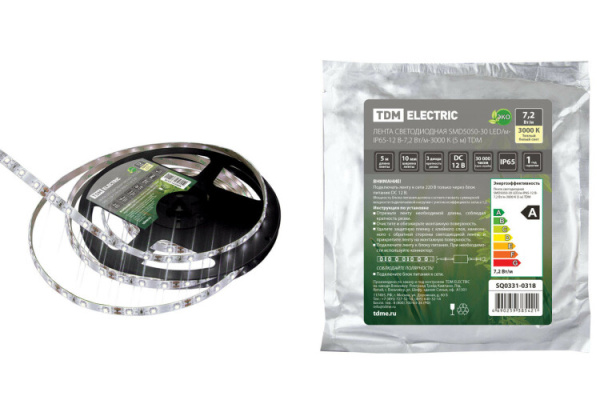 Лента светодиодная SMD5050-30 LED/м-IP65-12 В-7,2 Вт/м-3000 К (5 м) | SQ0331-0318 | TDM