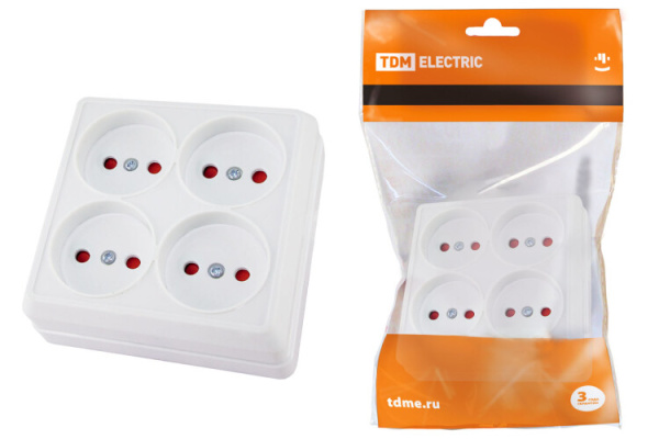 Розетка четырехместная 2П открытой установки IP20 10A с защитными шторками белая "Ладога" | SQ1801-0121 | TDM