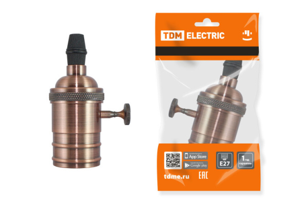 Патрон подвесной Е27 с выключателем, металлический "Лофт", медь | SQ0335-0069 | TDM
