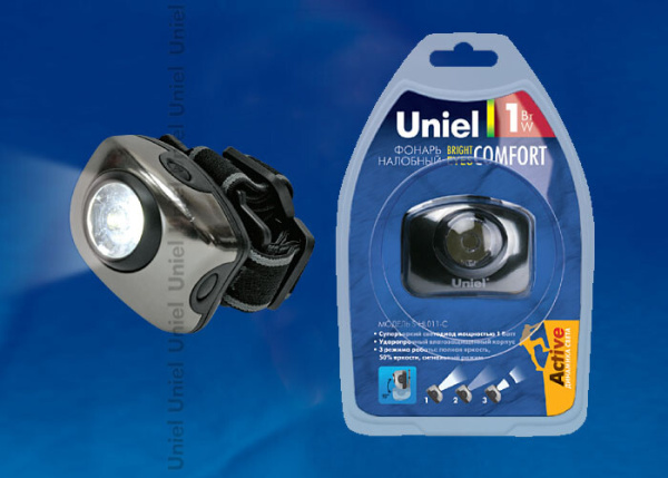 Фонарь налобный «Bright eyes comfort» S-HL011-C Gun Metal алюм.корпус, 1 LED, упаковка кламшелл, 3хААА н/к | 03212 | Uniel